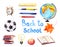 Watercolor Back to school set - books, autumn leaves, globe, football ball, clocks, apple, pen, pencils. Bundle of