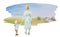 Watercolor back view of mother and son outdoors in the countryside. Original back to the chilhood concept illustration