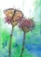 Watercolor background in blue and green with a gradient. Graphic drawing two flowers orange butterfly with spread wings