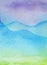 Watercolor background blue sky, purple mountains, green meadow. Gradient