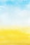 The watercolor background is blue and yellow. Sky with clouds and golden sand