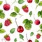 Watercolor background with cherry, raspberry and leaves. Seamless vector pattern.