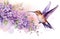 watercolor background with a colorful hummingbird with lilac flowers