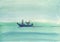 Watercolor background. Funny boat floating on the sea