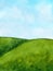 Watercolor background is green and blue gradient. Sky with clouds and Green meadow with grass