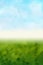 Watercolor background is green and blue gradient. Sky with clouds and Green meadow with grass