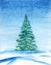 Watercolor background illustration. Fluffy green Christmas tree on white snow in snowdrifts against a blue snowy sky. Hand-drawn