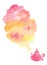 Watercolor background, pink and yellow spot teapot