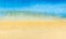 Watercolor background: sea, beach, ocean, coastline, blue and yellow, sand and sea, waves, shore, surf, sea foam. For