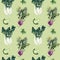 Watercolor background seamless pattern with hand drawn peking cabbage. purple kohlrabi, green broccoli and parsley