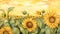 watercolor background sunflower field basking in golden sunlight.