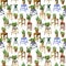 Watercolor backless stools and home plant with pots seamless pattern