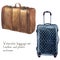 Watercolor baggage set including leather vintage suitcase and polka dot suitcase.