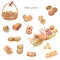 Watercolor bakery products. Set of sweet cakes, cookie, bread an