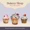 Watercolor bakery shop advertisement with cupcake