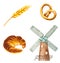 Watercolor bakery symbols. windmill, croissant, wheat