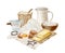 Watercolor baking ingredients composition. Hand drawn flour, bowl, eggs, butter, milk jug, towel, cookie cutter isolated