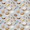 Watercolor baking ingredients and tools seamless pattern. Hand drawn flour, eggs, butter, whisk, dough on light blue