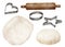 Watercolor baking set. Hand drawn dough, rolling pin and cookie cutters isolated on white background. Homemade pastry