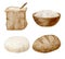 Watercolor baking set. Hand drawn flour sack and bowl, dough, baked bread isolated on white background. Cooking pastry