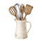Watercolor baking utensils illustration. Hand drawn wood spatula, pastry brush, mixing spoon and whisk in ceramic jug