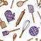 Watercolor baking utensils seamless pattern. Hand drawn rolling pin, mixing spoon, pastry brush, oven mitt, whisk