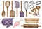 Watercolor baking utensils set. Hand drawn rolling pin, mixing spoon, pastry brush, oven mitt, whisk, spatula, piping