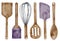 Watercolor baking utensils set. Hand drawn wooden spatula, pastry brush, whisk, silicone spatula and mixing spoon