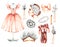 Watercolor ballet accessories and portrait of a ballerina