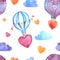 Watercolor balloon with hearts flies in the clouds