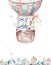 Watercolor balloon set baby cartoon cute pilot aviation illustration. sky transport balloons with giraffe and elephant