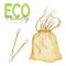 Watercolor bamboo cotton swabs with bag . Biodegradable wooden material. Isolated Eco-friendly hygiene products. Zero