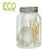 Watercolor bamboo cotton swabs, cotton pads in glass jars. Biodegradable wooden material. Isolated Eco-friendly hygiene