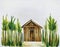 Watercolor of A bamboo house with white wooden bamboo background