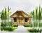 Watercolor of A bamboo house with white wooden bamboo background