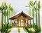 Watercolor of A bamboo house with white wooden bamboo background