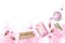 Watercolor banner with body care accessories. Rose scented soap, cream, brush. Spa and cosmetic products isolated with