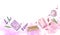 Watercolor banner with body care accessories. Spa and cosmetic products with hand painted background. Lavender soap