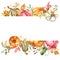 Watercolor banner with pumpkins, autumn leaves, flowers, branches, berries