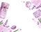 Watercolor banner with skin care accessories and place for text. Lavender scented spa and cosmetic products isolated