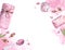 Watercolor banner with skin care accessories and place for text. Rose scented spa and cosmetic products isolated with