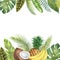 Watercolor banner tropical leaves, pineapple, coconut and banana isolated on white background.