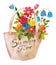 Watercolor basket of flowers. Bouquet of summer field flowers