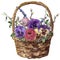 Watercolor basket with flowers. Hand painted tulip, pansies, anemone, ranunculus, willow, lavender and tree branch with