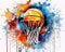 watercolor of a basketball rebound and net.