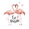 Watercolor Be mine card. Hand painted Flamingo couple with hearts and lettering isolated on white background. Valentin