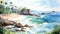 Watercolor Beach Illustration Lively Seascapes With Palm Trees And Rocks