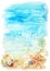 Watercolor beach illustration with sea shells and starfishes