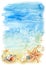 Watercolor beach illustration with sea shells and starfishes