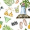 Watercolor beach seamless patter with symbols of summer vacations. Cute hand painted bikini, sandals, sunglasses, lighthouse